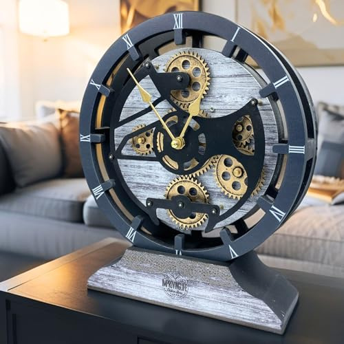 ImprovingLife The Gears Clock Schreibtischuhr, 25,4 cm, mit echten beweglichen Zahnrädern, umwandelbar in Wanduhr (Silber-Glamour)