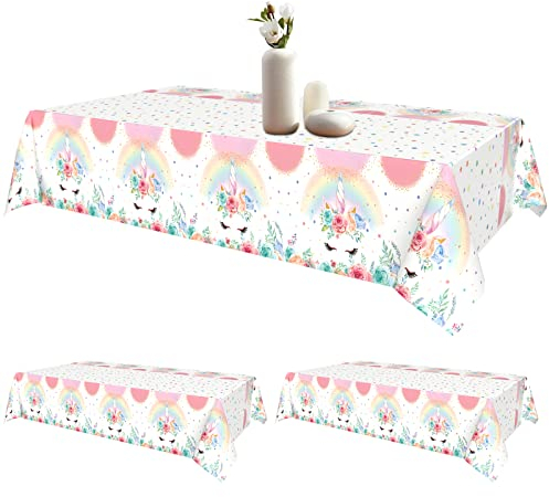 Einhorn Tischdecke, 3 PCS Einhorn Geburtstagsdeko Tischdecken, 108 * 54 Zoll Tischdecke Wasserdicht für Mädchen Einhornpartydeko, Einhorn Deko Kindergeburtstag und Baby Shower Deko