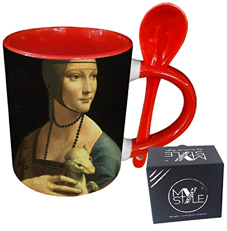 My Custom Style Tazza Rossa+cucchiaino#Arte-Dama Ermellino, Leonardo#325ml