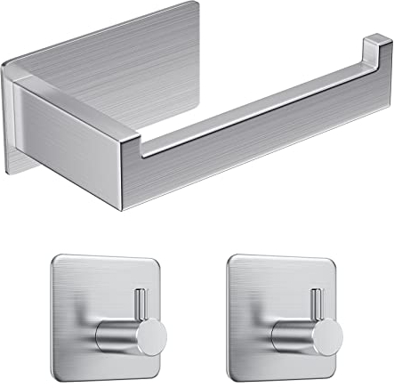 Eowihor Toilettenpapierhalter Ohne Bohren, Selbstklebend Klopapierhalter WC Papierhalter Edelstahl Toilettenpapierrollenhalter mit 2 Stück Handtuchhaken für Bad und Küche, Silber