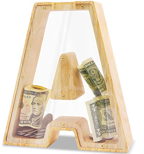 DBPBToU Spardose aus Holz Buchstaben, Groß Durchsichtig Sparschwein für Kinder, 23 * 4 * 23cm Große Personalisierte Sparbox, Lustige Piggy Bank für Geburtstag Geschenk/Heimdekoration/Keepsake (A)