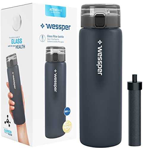 Wessper Wasserfilterflasche, Trinkflasche aus Borosilikat Glas 680 ml, BPA Frei Wasserflasche mit Filter für Kohlensäurehaltige Getränke | Filterflasche Outdoor, Aktivkohle Filter Strohhalm - Graphit