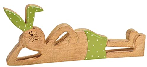 MACOSA GW10029499 Osterhase liegend aus Holz Braun Grün 38 cm Dekohase Oster-Deko Tischdeko Osterdekoration Hase Figur modern Holzhase Frühlingsdeko