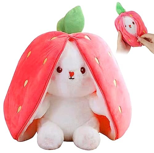 TOGETDREAM Osterhase Plüschtier, 25CM Karotte Erdbeer Kuscheltier Kawaii Hase Stofftier Hasen Verstecken Und Suchen Ausgestopftes Spielzeug Geburtstagsgeschenk für über12+ Kinder (Erdbeer)