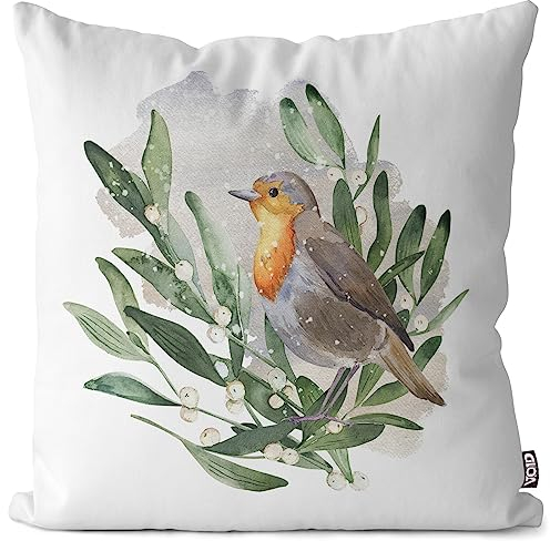 VOID Rotkehlchen Mistelzweig Zeichnung Kissenbezug Kissenhülle Polyester wasserfest Outdoor Indoor, Kissen Größe:50 x 50 cm