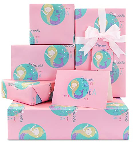 Geschenkpapier Meerjungfrau Prinzessin des Meeres, Rosa Geschenkpapier mit Seidenband, Geschenkanhänger und Grußkarten, 4 Bögen, 50 x 70 cm pro Blatt, für Mädchen, Kinder, Babys, Frauen, Babyparty