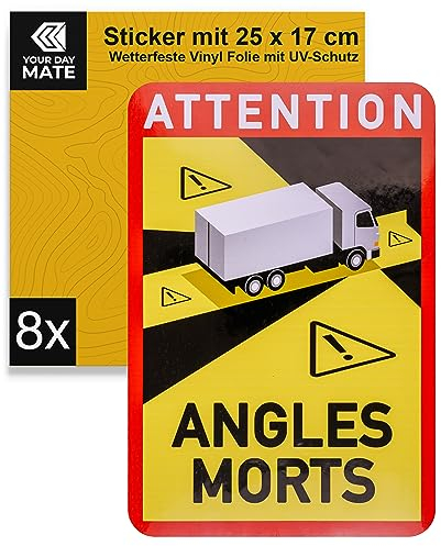 Aufkleber für Toter Winkel, 8 Stück, 25 x 17 cm, selbstklebende Folie für LKW, vorgeschrieben für KFZ ab 3,5 Tonnen in Frankreich, Attention Angles Morts Sticker Truck, Lastkraftwagen Klebesticker