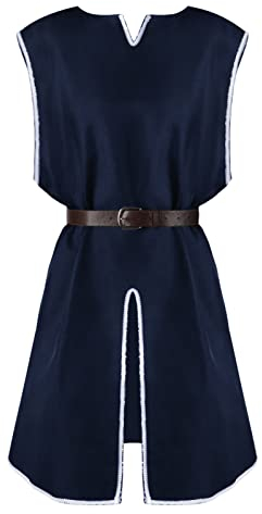 Herren Mittelalter Tunika Ailrik mit Bordüre Männer Kurzarm Wikinger Hemd Kriege Verkleidung für Halloween Karneval LARP Kostüm Dunkelblau XL
