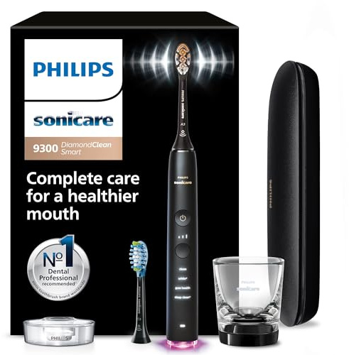 Philips Sonicare DiamondClean Smart 9300 Electric Toothbrush - Sonic Toothbrush with App, Pressure Sensor, 12 Brushing Settings, Replacement Reminder, Travel Case, Black, Model HX9903/15
