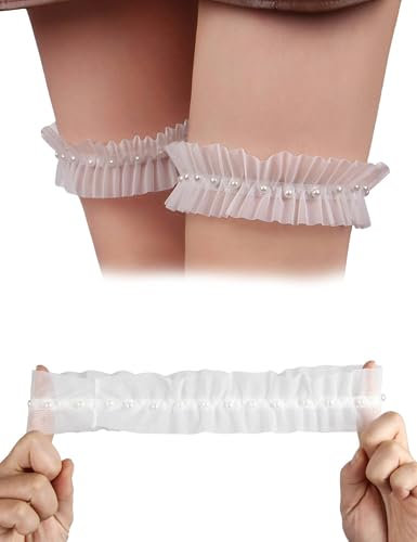 comeondear Strumpfband Hochzeit mit Perlen 2er Pack Spitze Braut Strumfband Elastisch Sexy Bein Strumpfhalter Weiß Wedding Garters for Bride Oberschenkel Leg Ring Accessoires Brautschmuck One Size
