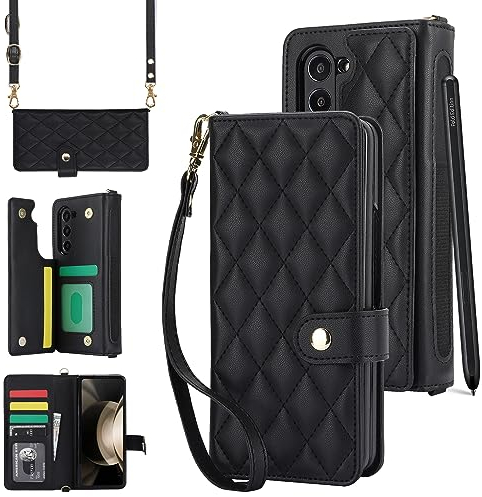 XIZYO pour Samsung Galaxy Z Fold 5 Etui de Téléphone en Portefeuille Cuir avec 2 Lanières Amovibles, avec Porte-Stylo, Luxe Magnétiques Fermoirs Antichoc Rabat Coque avec Porte-Cartes, Noir