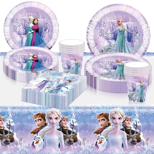 Assiettes de fête princesse 69 pièces, vaisselle de fête d'anniversaire, fête La Reine des Neiges, fournitures de fête d'anniversaire comprenant assiettes, tasses, serviettes, nappes