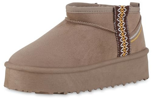 VAN HILL Damen Winter Boots Plateau Prints Bequem Schuhe 214313 Taupe 38