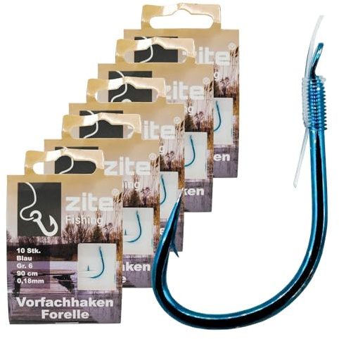 Zite Fishing Vorfach-Haken Angelhaken Forelle Gebunden | Größe 6-10 Forellen Haken mit Vorfach-Schnur – Forellenhaken Blau mit Angelschnur, Angel Haken angeln, Fishing Hooks
