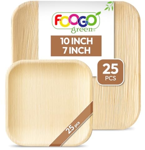 FOOGO Green 50pcs Disposable Palm Leaf Plates, 25x Large Square, 25x Small Side Plates, Disposable Bamboo, Eco Friendly Biodegradable, Strong Paper Party, Camping, Picnic