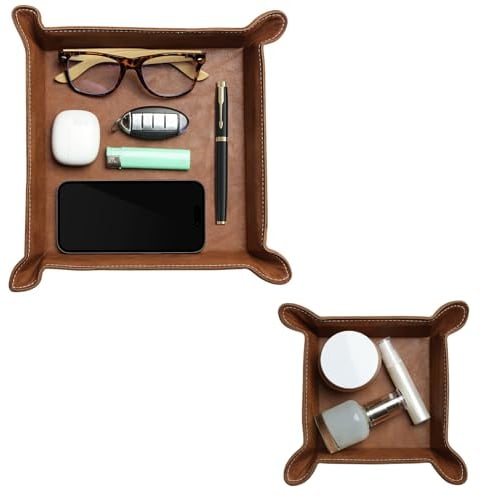 Navaris Bandeja Vaciabolsillos de Cuero sintético - 2x Bandejas Decorativas para Llaves Monedas - 2x Bandeja Organizadora Cuadrada Vacia Bolsillos para Recibidor Oficina - Marrón