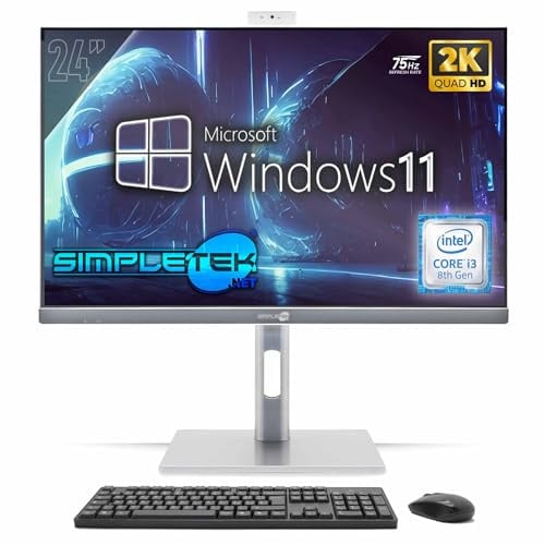 SIMPLETEK - All-in-One PC 24 2K 75Hz Core i3 8. Generation | Windows 11 Pro 8GB RAM und SSD 240GB | Computer All-in-One VESA-Anschluss Webcam Built-in Stand verstellbar