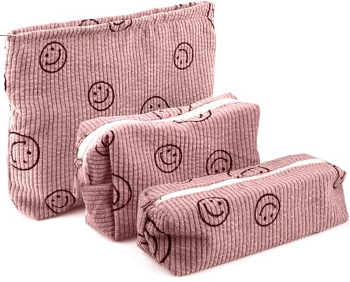 3 Stück Kulturtasche Kosmetiktasche, Smile Muster Multifunktionaler Reisen Kulturtasche für Damen Mädchen, Kordsamt-Kosmetiktasche mit Lächeln-Gesicht, Portable Aesthetic Bag Kulturbeutel (Rosa)