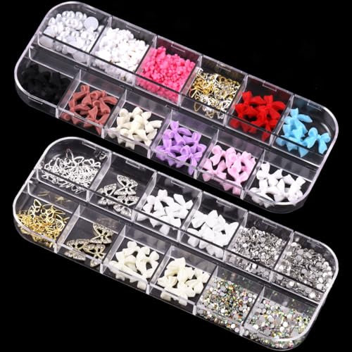 Bow Nail Charms - 2 Boxes Pearl Butterfly Bowknot Flower Art Decorations, Rhinestones Caviar Beads for 3D Design, DIY Crafting, Party, Daily, Wedding