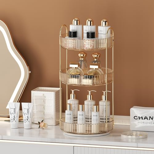 LEIKOSUP Make Up Kosmetik Organizer, 360° Drehbar Große Kapazität Kosmetik Organizer, Multifunktionaler Kosmetik Aufbewahrung für Kommode Schminktisch Schlafzimmer Badezimmer, 3 Stöckige, Bernstein