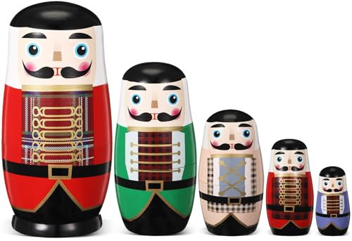 Zomiboo 5 Pcs Nutcracker Russian Nesting Dolls Handmade Wooden Walnut Soldier Matryoshka Nesting Wishing Dolls Stacking Dolls for Christmas Decorations Birthday Traditional Gift