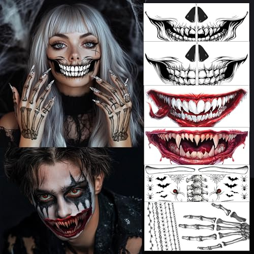 Halloween Tattoo Gesicht -8 Pcs Skelett Tattoo Gesicht,Halloween Schminke Gesichtstattoo Halloween Kostüm Damen Zombie Schminke Skelett Tattoo Gesicht Halloween Make Up (Tattoo 8pcs)