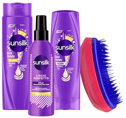 SET LISCIO PERFETTO: Shampoo Per Capelli Lisci 250ml + Balsamo Per Capelli Lisci 200ml + Spray Termoprotettore 200ml + Spazzola Scioglinodi (Colori Assortiti)