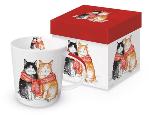 Tasse Weihnachten Winterkatzen verbunden aus Porzellan. Motivtasse für den gedeckten Tisch und als Geschenk 0,4L x H10,5cm
