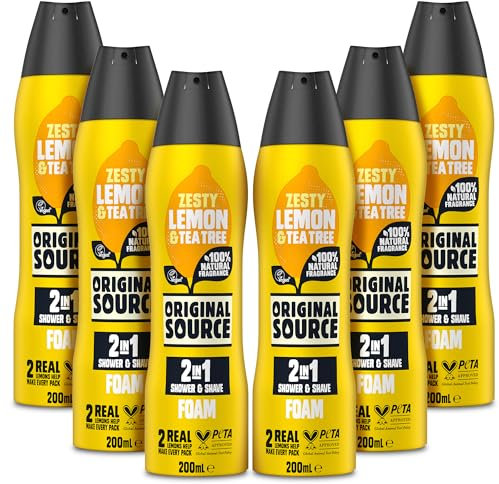 Original Source Lemon & Tea Tree 2 in 1 Shower and Shave Foam (Pack of 6)|100 Percent Natural Fragrance | Vegan, Cruelty Free, Paraben Free|Bulk Buy, 6 x 200ml