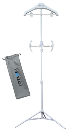 Adjustable Garment Steaming Stand with Hanger | Non-Electric, Portable | Patented fabric extender & removable clip bar spread garments | Extra-wide base and full 69.4-in height for easier steaming