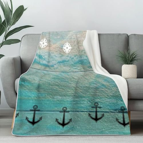 Pggong Anker Kompass Decke Flauschig 220x240cm, Marine Nautisches Kuscheldecke Flanelldecke, Weiche Wohndecke, Meeresabenteuer Fleecedecke Tagesdecke Waschbar überwurfdecke