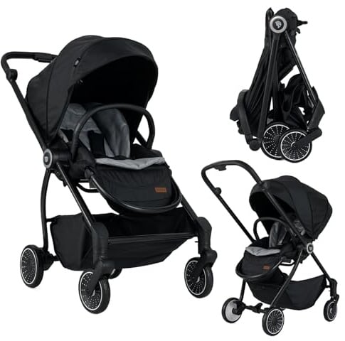 DREAMADE Kinderwagen mit umkehrbarem Sitz, Zusammenklappbarer Reisebuggy mit verstellbarer Rückenlehne, Verdeck, Fußstütze & großem Korb, Buggy für Neugeborene ab 36 Monate (Schwarz)