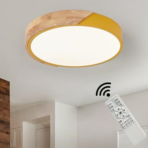 HTsilphelene Deckenlampe Holz, Rustikale Holzoptik Deckenleuchte Holz Mit Modernem Design, Dimmbare lampe holz für Wohnzimmer Schlafzimmer Küche Esszimmer Flur (Gelb,40CM)