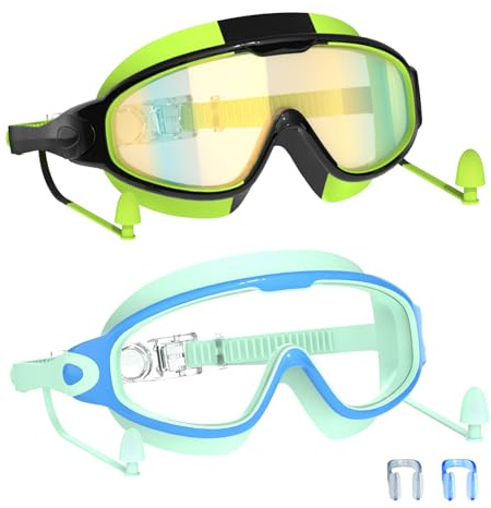 YLKJSWIM Swim Goggles for Kids 3-15 with Earplugs Large Frame Anti-Fog/UV Swimming Goggles for Boys Girls Toddler 2PCS (Green Black+Blue New)