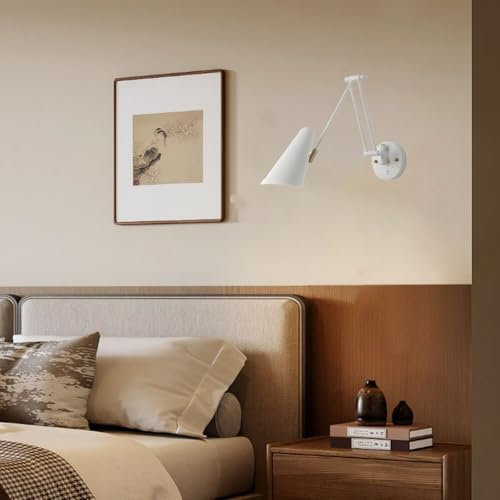 AstrizLamp Schwenkarm-Wandlampe mit Schalter, drehbare lange Wandleuchte, ausziehbare moderne weiße Nachttisch-Leselampe, verstellbarer Metall-Lampenschirm, für Wohnzimmer, Schlafzimmer, 9W/720 Lumen
