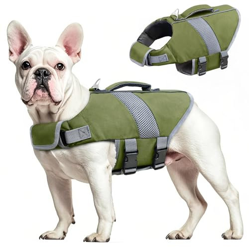 Oslueidy Salvagente Cane Giubbotto di salvataggio del cane Alta Flotation,Cane Salvagente Galleggia Cappotto Riflettente Gilet di sicurezza per il nuoto Nautica Surf Kayak (Grün, M)