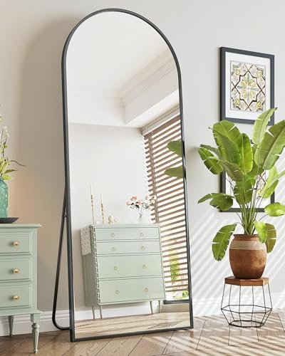 Antok Miroir Pleine Longueur, 163 x 53cm Grand Miroir sur Pied Bombé, Miroir Mural avec Cadre en Alliage en Aluminium et Verre Incassable, Miroirs de Sol pour Salon, Dressing, Noir
