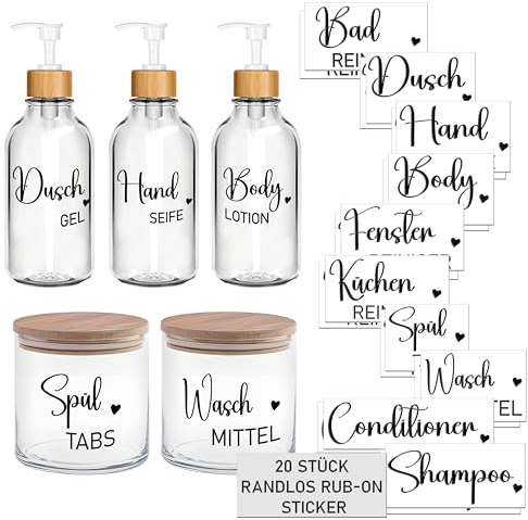 Rub-On Vorratsetiketten für Haushalt, Pflege & Reinigung – 20 Stück, selbstklebend, schwarz, randlos, wasserfest & hochglänzend – moderne Aufkleber für Flaschen, Dosen, Behälter (schwarz)