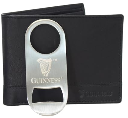 Guinness Leather Wallet Gift Set – RFID Secure, 6 Card Slots – with Round Stainless Steel Bottle Opener Keyring – Official Men’s Gift in Black Leather Wallet & Gift Box