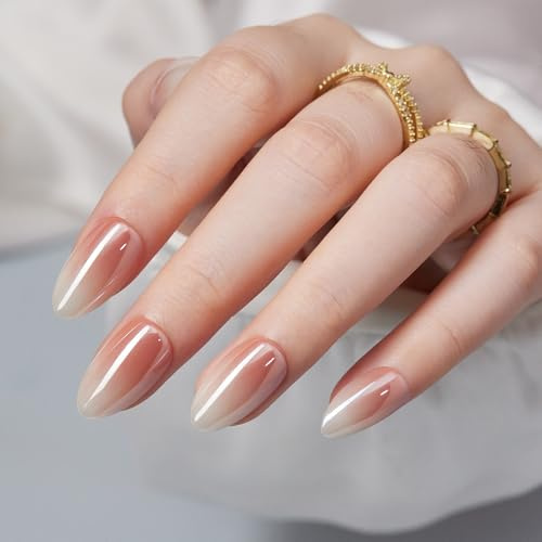Short Press On False Nails Almond - Findigit Glossy Nude White Ombre Soft Gel Nails, Natural Reusable Stick On Nails with Glue On in 16 Sizes - 32 Fake Nails Kit, Almond Ombre Glazed
