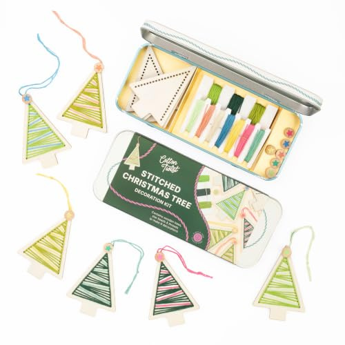 COTTON TWIST Stitched Christmas Tree Decoration Wooden Craft Kit, One Size | Includes 6 festive shapes, cotton threads and beads for a plastic-free, reusable activity to adorn mantel displays.