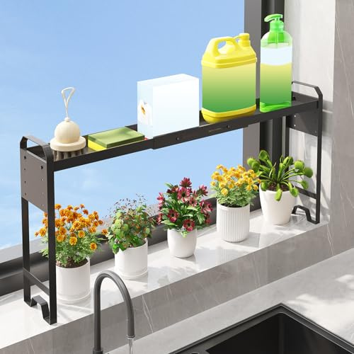WOCUBEHOME Over The Sink Shelf & Window Plant Shelf, Expandable Kitchen Organization Adjustable in Height & Length, Multi-Purpose Storage Rack for Stove, Bathroom, Study