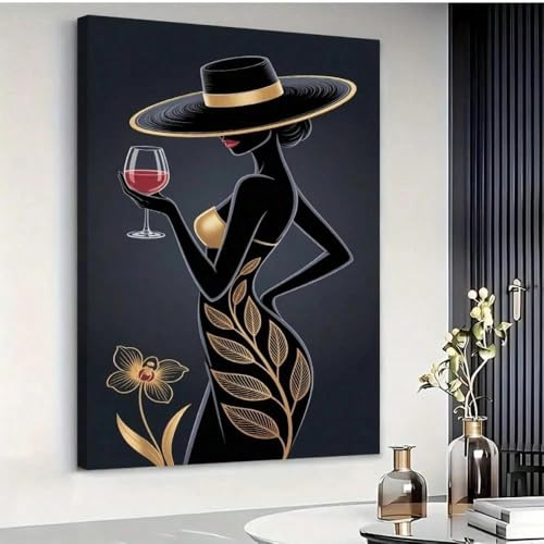 XINBAO Toile élégante noire et dorée – Verre à vin chic et motif floral, décoration murale de style classique, vin et femme (40 x 60 cm/cadre intérieur)