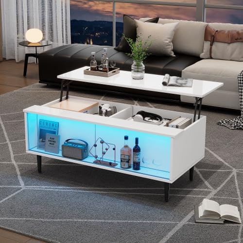 Merax Couchtisch höhenverstellbar mit LED, Wohnzimmertisch & Beistelltisch Couch, weißer Coffee Table, modernes Wohnzimmer Möbel