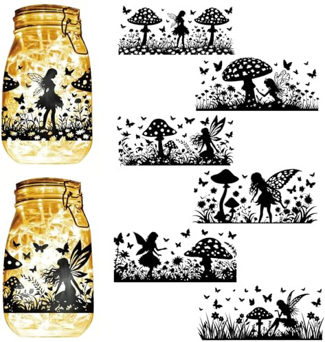 PRESSINART 6Pcs 6 Styles Silhouette Cutouts Mason Jar Decals Fairy Mushroom PVC Silhouette Ornaments for Frosted Glass Lighting Home Decoration Glass Bottle Home Decor 7.9 x 3.5 Inch (Not Sticker)