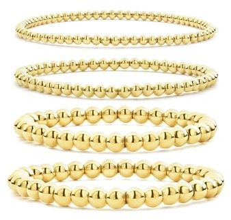 Wassazi Gold Armband Set Damen,Gold & Silber Edelstahl Perlen Armbänder mit 3/4/5/6mm Perlen, 3-teilig oder 4-teilig Stück Armband, Elastische Armbänder, Schmuck für Damen