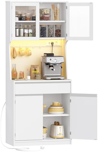 Hzuaneri Küchenschränke, Buffetschrank mit Steckdosenleiste | Hochschrank mit LED-Lichtleiste, mit Arbeitsplatte, 4 Staufächern, Küche, Wohnzimmer, 40 x 75 x 180 cm, Weiß, PT40103XV1