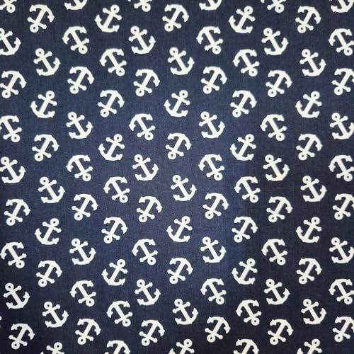 Stoff Meterware Maritimer Anker Baumwollstoff – 100% Baumwolle – Dunkelblau Weiß – Stoff mit Ankern für Bekleidung, Taschen, Bettwäsche, Deko & DIY, Bootsgardine Werthers Stoffe maritim Nordsee Ostsee