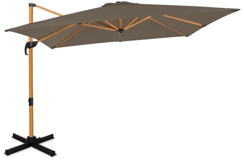 VONROC Parasol déporté 3 x 3 m Premium Pisogne – Aluminium inoxydable, toile polyester UPF 50+, rotatif à 360° et inclinable, avec housse de protection, effet bois
