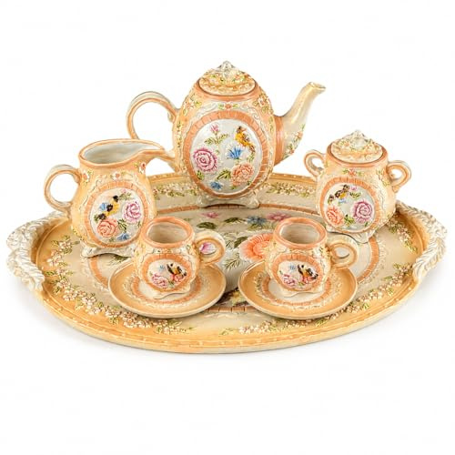cozydiscount Servizio da tè in miniatura in porcellana rosa con vassoio 15 x 10,5 cm – Teiera, barattolo per latte, zuccheriera, 2 tazze con piattini – Ninnola decorativo vintage